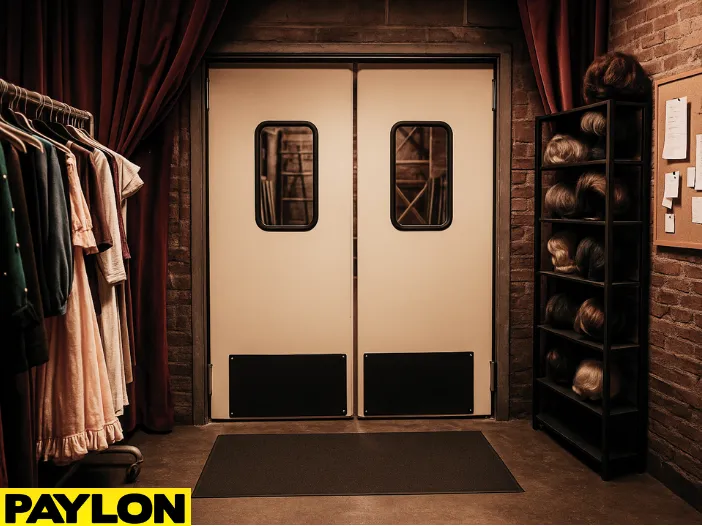 Retail Door PE-720 beige swinging doors installed in a theatrical backroom, surrounded by stage costumes, wigs, and red velvet curtains for backstage use Retail Door PE-720 beige swinging doors installed in a theatrical backroom, surrounded by stage costumes, wigs, and red velvet curtains for backstage use