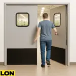 Retail Door PE-720 double swinging door with a worker walking into an indoor grow operation, showing cannabis plants and grow lights in the background