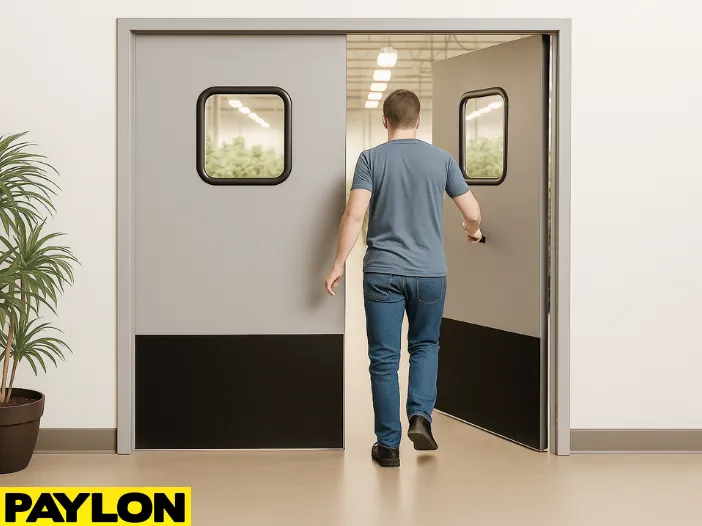 Retail Door PE-720 double swinging door with a worker walking into an indoor grow operation, showing cannabis plants Retail Door PE-720 double swinging door with a worker walking into an indoor grow operation, showing cannabis plants and grow lights in the background