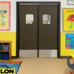 Retail Door PE-720 double swinging doors installed in a colorful preschool classroom, providing safe room division with cubbies, posters, and child-sized tables and chairs