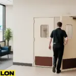 Retail Door PE-720 in an airport lounge staff access area, with a staff member walking through the beige double doors under a blue ‘Airport Lounges Staff Access Only’ sign, surrounded by neutral-colored walls, modern blue lounge chairs, a potted plant, and a window view of an airplane on the tarmac