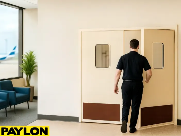 Retail Door PE-720 in an airport lounge staff access area, with a staff member walking through the beige double doors under a blue ‘Airport Lounges Staff Access Only’ signs Retail Door PE-720 in an airport lounge staff access area, with a staff member walking through the beige double doors under a blue ‘Airport Lounges Staff Access Only’ signs