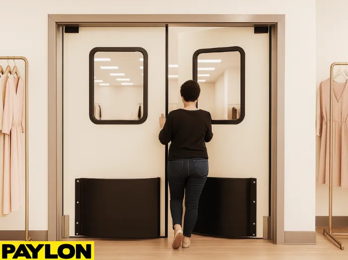 Retail Door PE-720 installed in a boutique clothing store, showing a woman entering through beige double swing doors labeled “Staff Only,” with pastel and neutral dresses on gold racks enhancing the stylish divider between sales floor and backroom