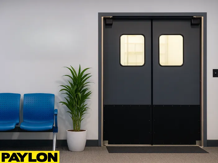 Retail Door PE-720 installed in an airport lounge staff access area with signage reading ‘Airport Lounges Staff Access Only Retail Door PE-720 installed in an airport lounge staff access area with signage reading ‘Airport Lounges Staff Access Only,’ blue waiting chairs, and a potted plant on the side.