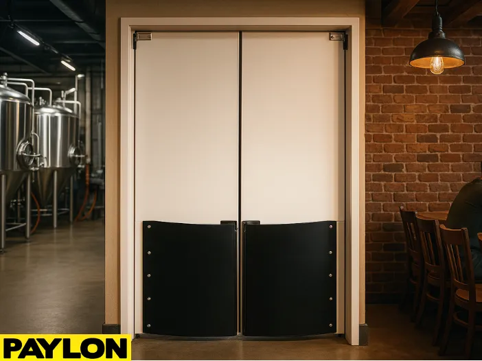 Retail Door PE-720 swinging door in a microbrewery, dividing the stainless steel brewing tanks in the production area from the rustic taproom Retail Door PE-720 swinging door in a microbrewery, dividing the stainless steel brewing tanks in the production area from the rustic taproom with brick walls, wooden chairs, and patrons enjoying craft beer