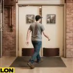 Retail Door PE-720 swinging door in a microbrewery, with a staff member walking through from the brewing production area with stainless steel tanks into the rustic taproom with brick walls and bar seating