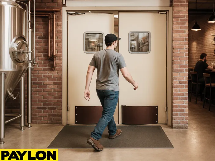 Retail Door PE-720 swinging door in a microbrewery, with a staff member walking through from the brewing production area Retail Door PE-720 swinging door in a microbrewery, with a staff member walking through from the brewing production area with stainless steel tanks into the rustic taproom with brick walls and bar seating