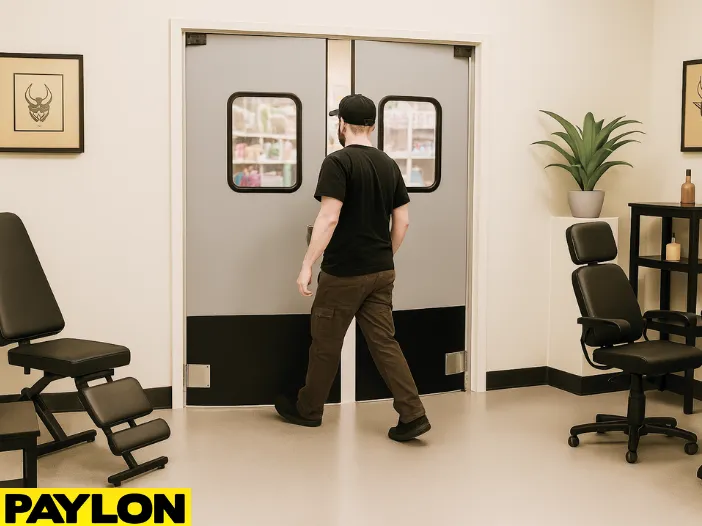 Retail Door PE-720 swinging door in a tattoo parlor, with a client exiting the room while tattoo artwork and décor on the walls maintain a professional Industrial Door | PE-8000 swinging door in a tattoo parlor, providing easy room access while maintaining client privacy, with tattoo artwork, décor, and a client walking through the studio