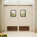 Retail Door PE-720 swinging door in an indoor grow operation, with cannabis plants and greenhouse lighting visible through the windows