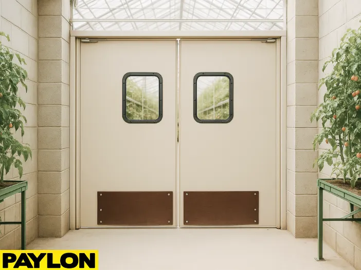 Retail Door PE-720 swinging door in an indoor grow operation, with cannabis plants and greenhouse lighting visible through the windows Retail Door PE-720 swinging door in an indoor grow operation, with cannabis plants and greenhouse lighting visible through the windows