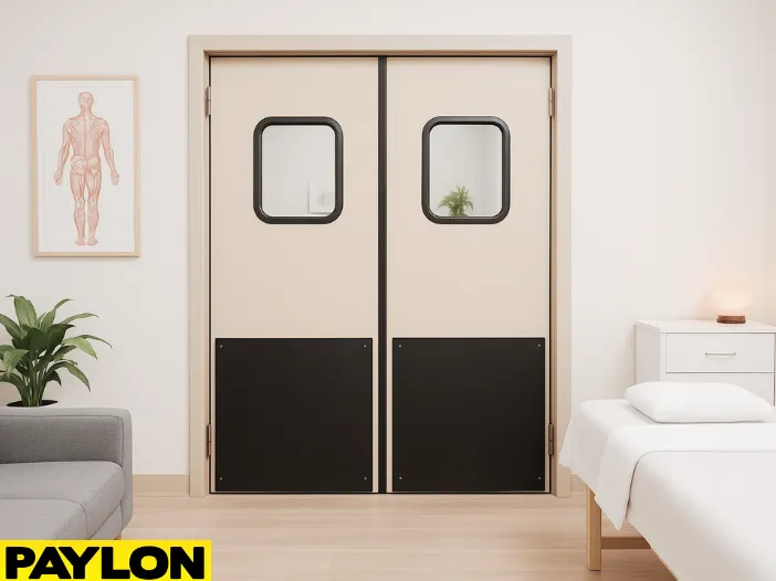 Retail Door PE-720 swinging double doors in a chiropractic and massage clinic, shown closed within a calm treatment room Retail Door PE-720 swinging double doors in a chiropractic and massage clinic, shown closed within a calm treatment room featuring a massage table, anatomical poster, potted plant, soft lighting, and modern furnishings, emphasizing the door’s durability and professional design