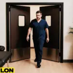 Retail Door PE-720 swinging double doors in a chiropractic and massage clinic, with a therapist in navy scrubs walking out of the room. The treatment space features a massage table, anatomical chart, shelving with towels and oils, and indoor plants, highlighting the door’s professional design and practical use in wellness environments
