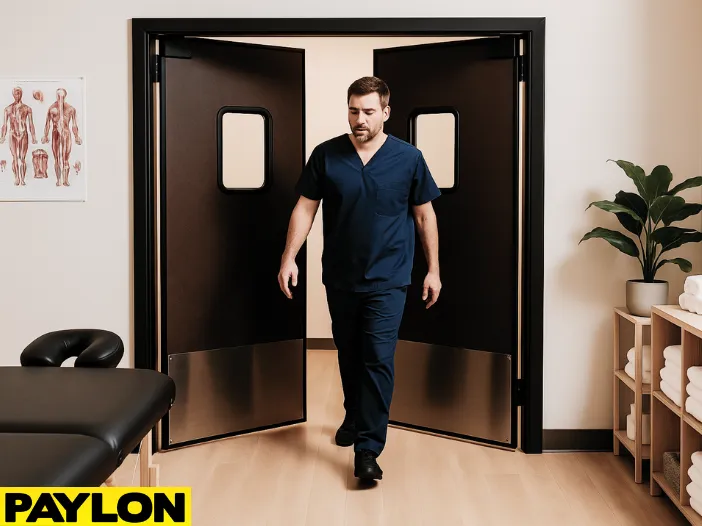 Retail Door PE-720 swinging double doors in a chiropractic and massage clinic, with a therapist in navy scrubs walking out of the room Retail Door PE-720 swinging double doors in a chiropractic and massage clinic, with a therapist in navy scrubs walking out of the room. The treatment space features a massage table, anatomical chart, shelving with towels and oils, and indoor plants, highlighting the door’s professional design and practical use in wellness environments