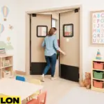 Retail Door PE-720 swinging double doors in a preschool classroom, with a caregiver walking through while colorful cubbies, toys, foam mats, and educational wall art create a safe and playful learning environment