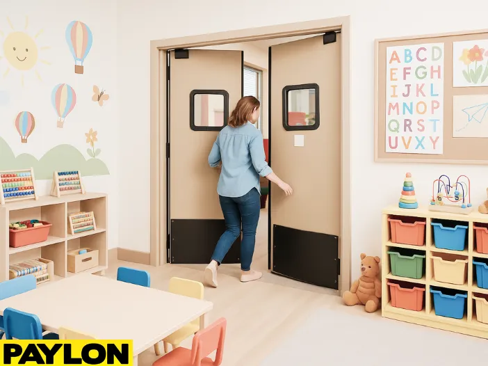 Retail Door PE-720 swinging double doors in a preschool classroom, with a caregiver walking through while colorful cubbies Retail Door PE-720 swinging double doors in a preschool classroom, with a caregiver walking through while colorful cubbies, toys, foam mats, and educational wall art create a safe and playful learning environment