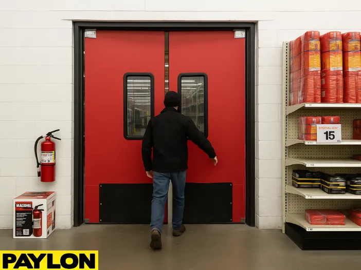 Shop employee entering through an Industrial Door PE-8000 in a tool rental shop, with shelves of equipment and safety supplies visible in the background