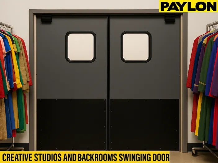 Swinging Doors for Cosplay Studios, Costume Shops, and Theatrical Backrooms with durable double panels, framed by colorful costumes on racks Swinging Doors for Cosplay Studios, Costume Shops, and Theatrical Backrooms with durable double panels, framed by colorful costumes on racks