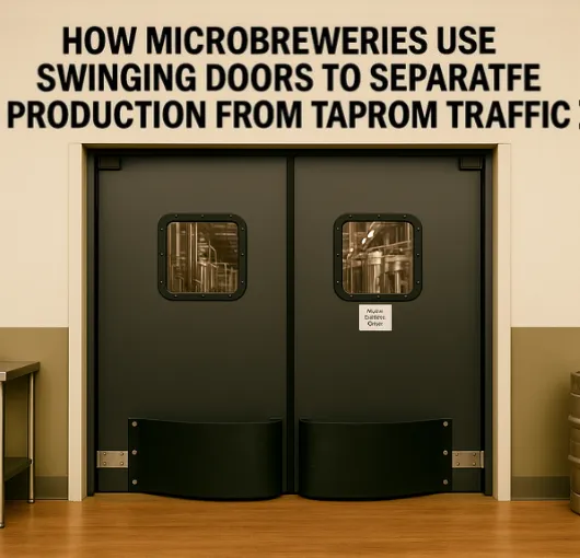 Swinging doors in a microbrewery separating production from taproom traffic, showing how Paylon brewery doors improve efficiency and guest experience