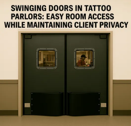 Swinging doors in a tattoo parlor providing easy room access while maintaining client privacy, Traffic Swinging Doors product display