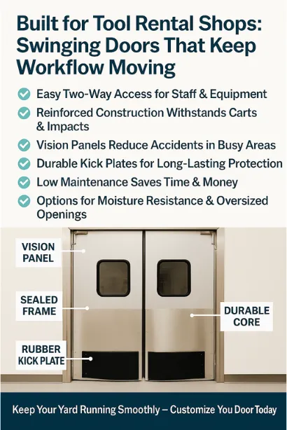 Traffic Swinging Doors from Paylon, designed specifically for tool rental shops and equipment yards. Featuring vision panels, sealed frames, and durable rubber kick plates, these doors enhance traffic flow, reduce downtime, and offer long-lasting protection in high-traffic areas