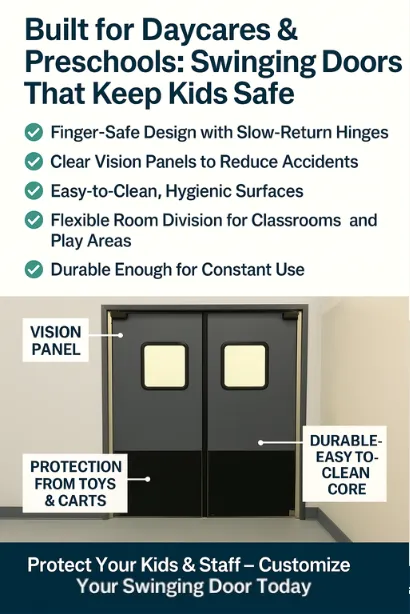 Traffic Swinging Doors infographic for Daycare Centers and Preschools Using Swinging Doors for Safe Room Division, highlighting safety, durability, and easy-clean features Traffic Swinging Doors infographic for Daycare Centers and Preschools Using Swinging Doors for Safe Room Division, highlighting safety, durability, and easy-clean features