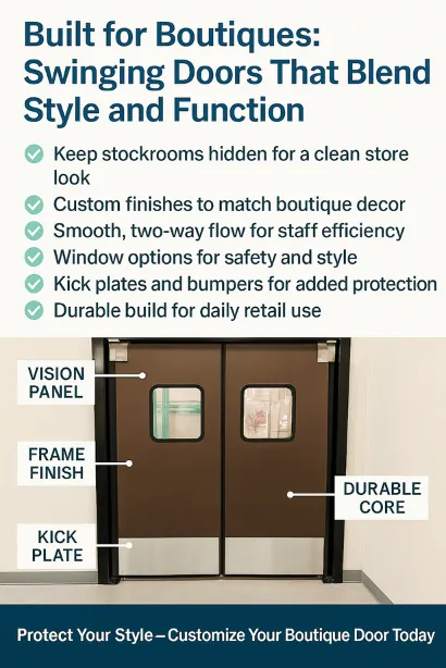 Traffic Swinging Doors infographic for boutique clothing stores stylish ways to divide backrooms without losing aesthetic appeal, highlighting door features and benefits