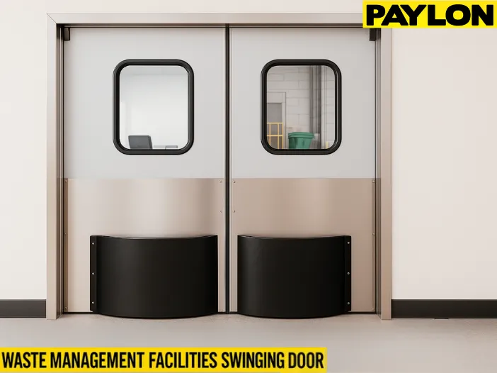 How waste management facilities use swinging doors for office-to-floor transitions, featuring a heavy-duty PAYLON stainless steel double door with vision panels How waste management facilities use swinging doors for office-to-floor transitions, featuring a heavy-duty PAYLON stainless steel double door with vision panels