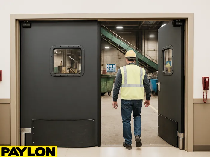 Industrial Door PE-8000 swinging doors in a waste management facility, showing a worker in high-visibility gear exiting the office into the warehouse floor Industrial Door PE-8000 swinging doors in a waste management facility, showing a worker in high-visibility gear exiting the office into the warehouse floor with dumpsters and conveyors in view