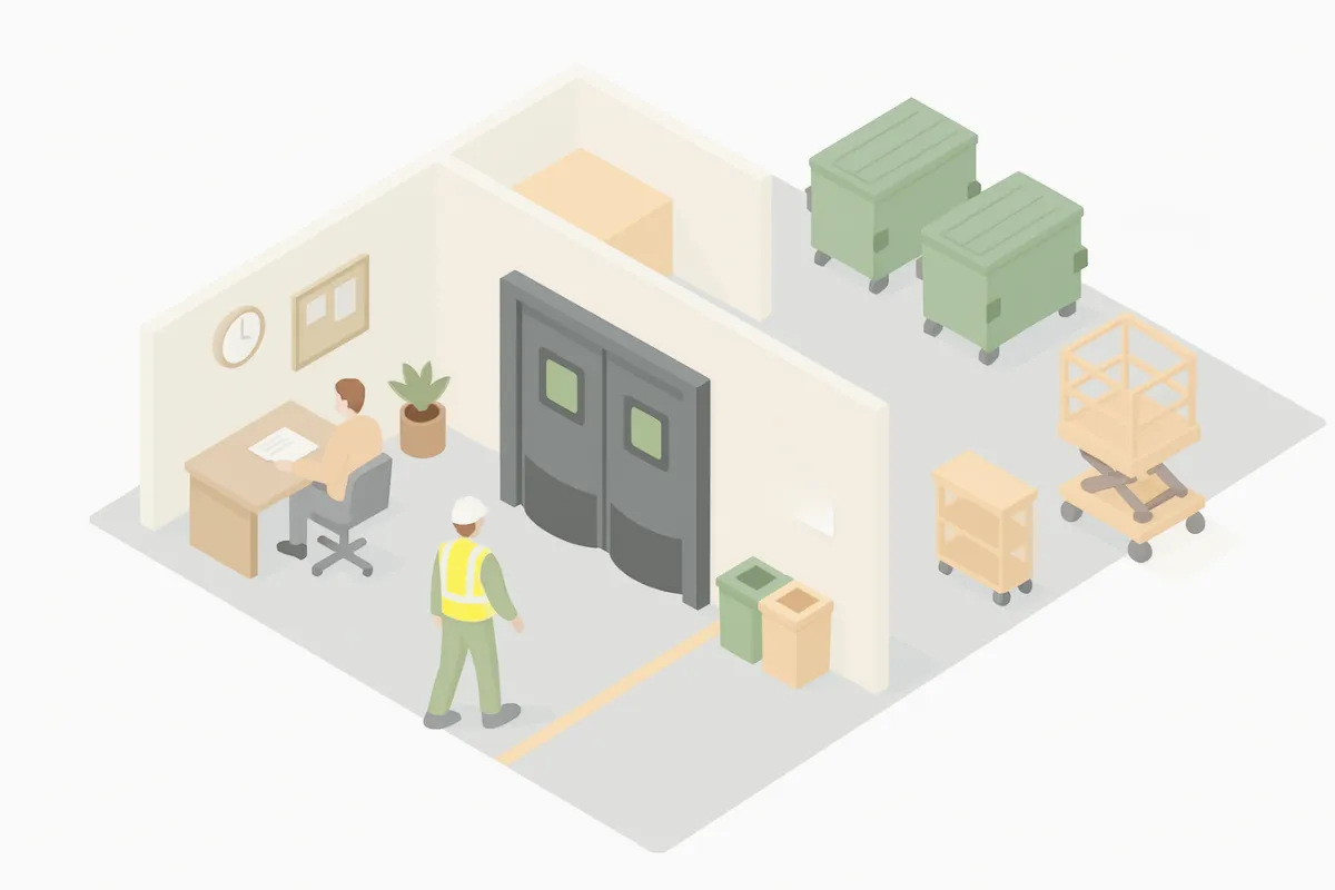 Isometric illustration of a waste management facility with Retail Door PE-720 swinging doors separating an office space from the warehouse floor Isometric illustration of a waste management facility with Retail Door PE-720 swinging doors separating an office space from the warehouse floor with dumpsters, bins, and equipment