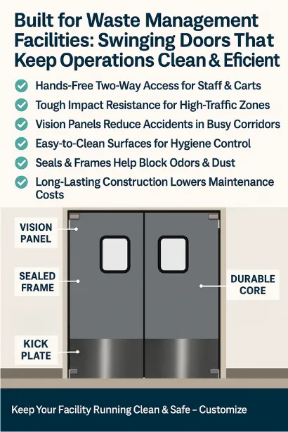 PAYLON infographic showing how waste management facilities use swinging doors for office-to-floor transitions, highlighting vision panels, sealed frames, durable core, and kick plates PAYLON infographic showing how waste management facilities use swinging doors for office-to-floor transitions, highlighting vision panels, sealed frames, durable core, and kick plates