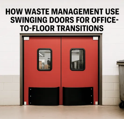 Red industrial swinging doors in a waste management facility, illustrating how waste management facilities use swinging doors for office-to-floor transitions