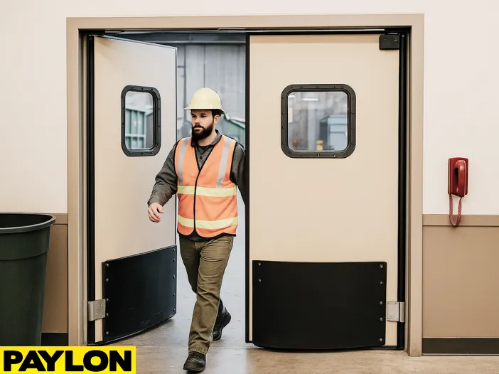 Retail Door PE-720 swinging doors in a waste management facility, with a worker in a hard hat and safety vest entering from the warehouse floor into the office area Retail Door PE-720 swinging doors in a waste management facility, with a worker in a hard hat and safety vest entering from the warehouse floor into the office area