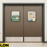 Retail Door PE-720 swinging doors installed in a waste management facility, illustrating the transition from a clean office space to the warehouse floor with safety signage, recycling bins, and workers in protective gear visible through the windows