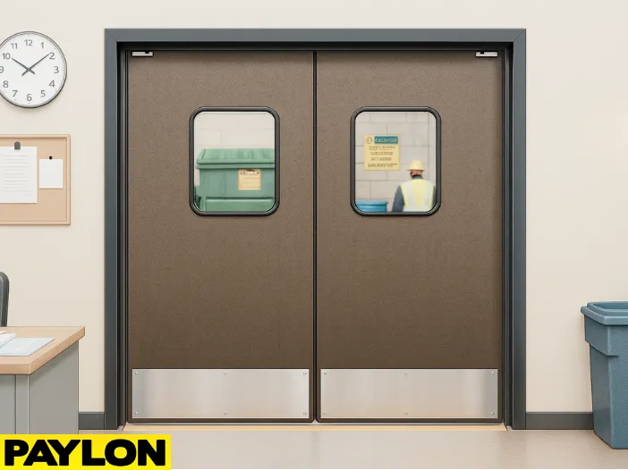 Retail Door PE-720 swinging doors installed in a waste management facility, illustrating the transition from a clean office space to the warehouse floor Retail Door PE-720 swinging doors installed in a waste management facility, illustrating the transition from a clean office space to the warehouse floor with safety signage, recycling bins, and workers in protective gear visible through the windows