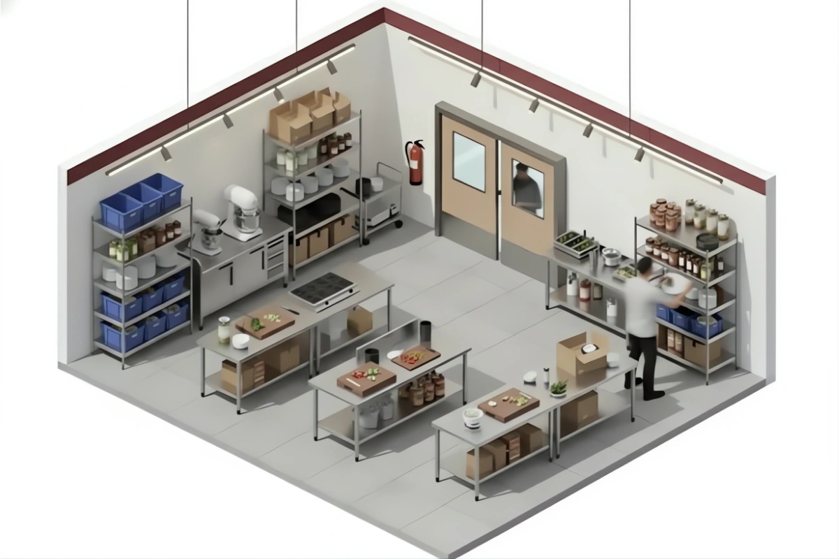 3D illustration of a commercial kitchen layout with stainless steel shelves, prep tables, and double swinging kitchen doors providing access between prep and storage areas