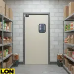 A single swinging door with a vision window leading into a well-stocked food pantry or storeroom