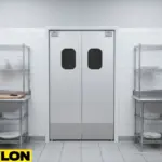 Aluminum-clad kitchen swinging doors installed between food prep zones in a professional restaurant kitchen