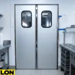 Aluminum laminate restaurant swinging doors with rectangular vision panels, designed for modern kitchens with medium traffic and easy cleaning