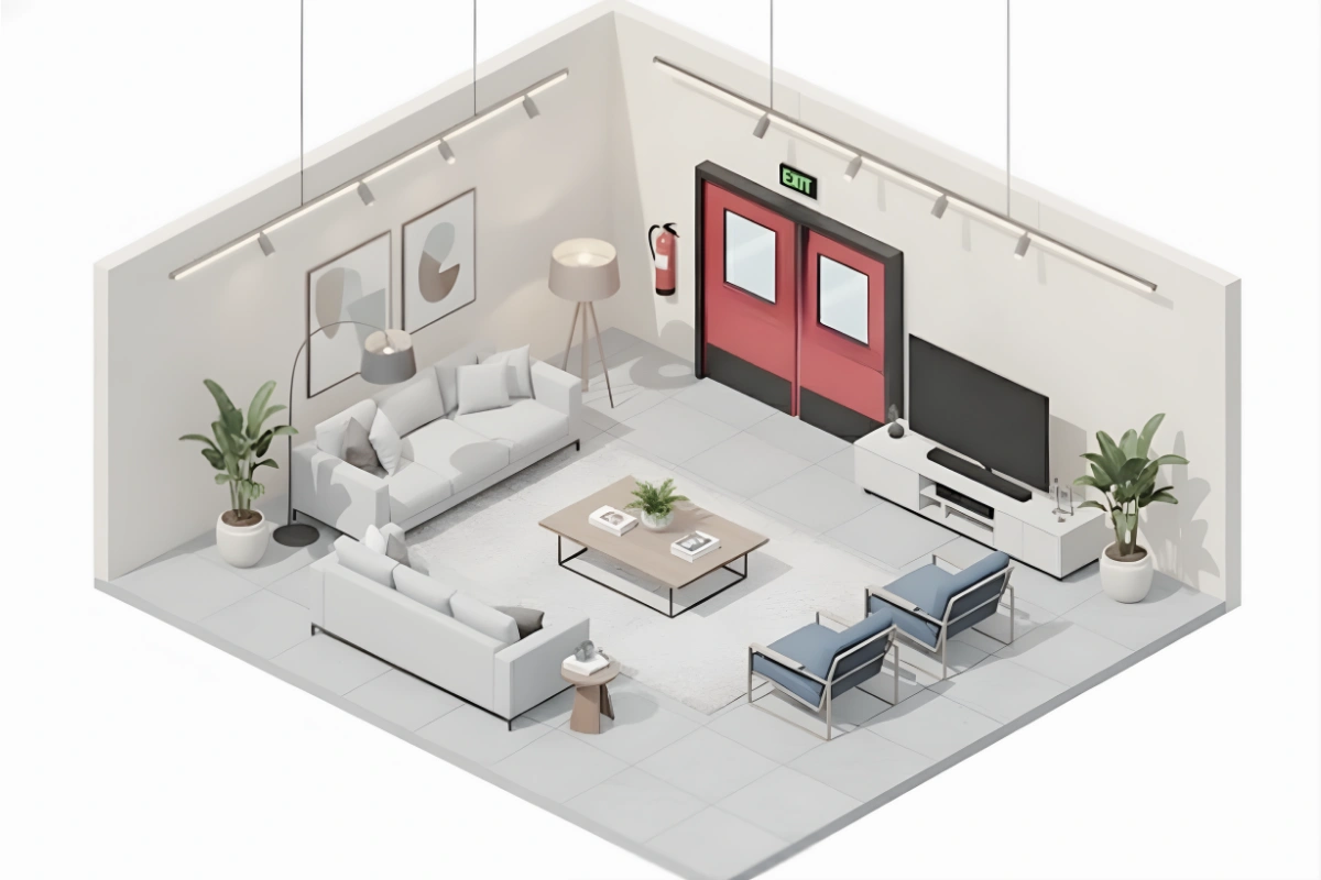 An isometric illustration of a modern lounge or showroom, showing how red double swinging exit doors are integrated into the design