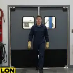 Auto mechanic in blue coveralls walking through double gray swinging doors in a clean workshop with red tool cabinets