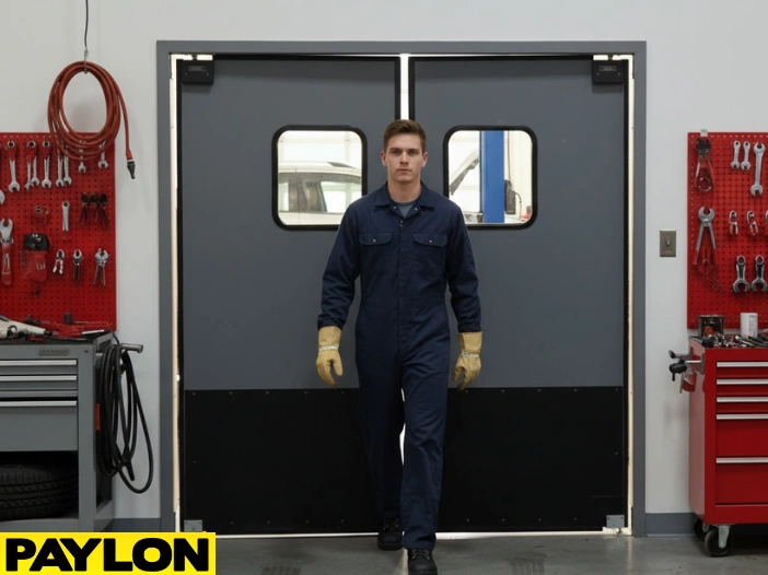 Auto mechanic in blue coveralls walking through double gray swinging doors in a clean workshop with red tool cabinets Auto mechanic in blue coveralls walking through double gray swinging doors in a clean workshop with red tool cabinets