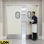 Banquet Hall Swinging Door with Server – Closed cream-colored Banquet Hall Swinging Door with server pushing a tray through Banquet Hall Swinging Door with Server – Closed cream-colored Banquet Hall Swinging Door with server pushing a tray through