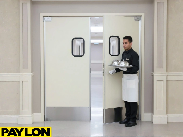 Banquet Hall Swinging Door with Server – Closed cream-colored Banquet Hall Swinging Door with server pushing a tray through Banquet Hall Swinging Door with Server – Closed cream-colored Banquet Hall Swinging Door with server pushing a tray through