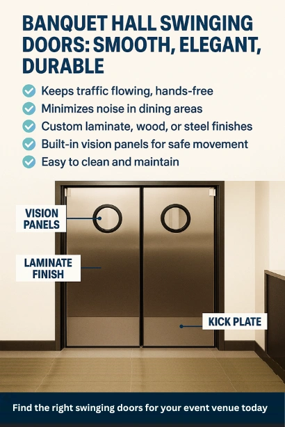 Banquet hall swinging doors infographic showing key features like two-way swing, noise-dampening panels, custom finishes, vision panels, and kick plate Banquet hall swinging doors infographic showing key features like two-way swing, noise-dampening panels, custom finishes, vision panels, and kick plate.