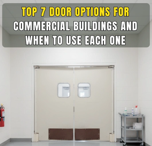 Beige commercial swinging doors in a clean hallway with text overlay “Top 7 Door Options for Commercial Buildings and When to Use Each One