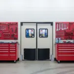 Beige double swinging doors between red tool cabinets and wall-mounted tools in a professional mechanic workshop
