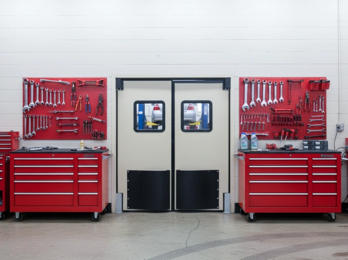 Beige double swinging doors between red tool cabinets and wall-mounted tools in a professional mechanic workshops Beige double swinging doors between red tool cabinets and wall-mounted tools in a professional mechanic workshop