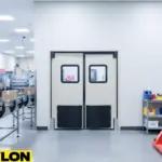 Beige double swinging factory doors in a packaging line area with conveyor belts and storage shelves Beige double swinging factory doors in a packaging line area with conveyor belts and storage shelves