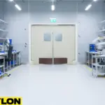 Beige double swinging factory doors with vision panels installed in a clean industrial workspace with workbenches and equipment Beige double swinging factory doors with vision panels installed in a clean industrial workspace with workbenches and equipment