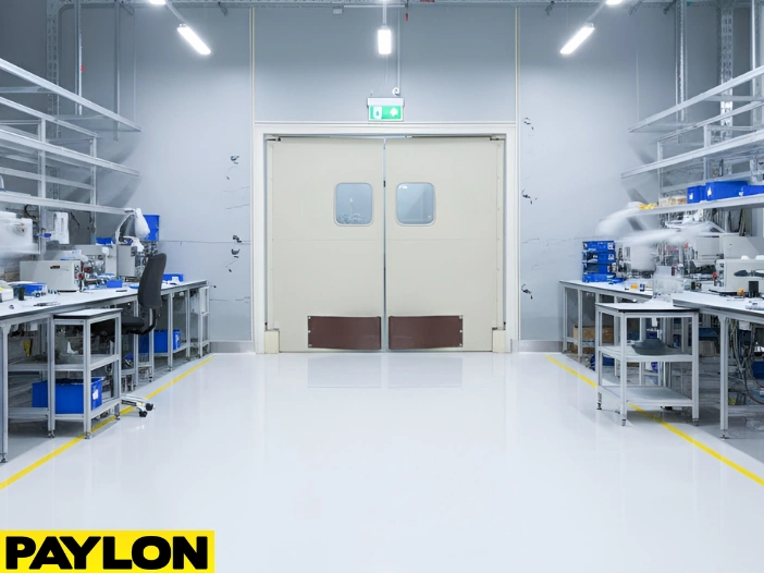 Beige double swinging factory doors with vision panels installed in a clean industrial workspace with workbenches and equipment Beige double swinging factory doors with vision panels installed in a clean industrial workspace with workbenches and equipment